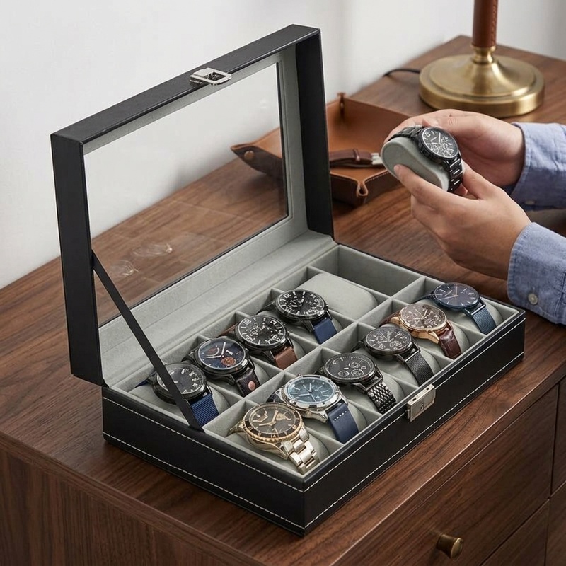 Watch Display Case Glass Top 12 Slots - Uhrenbox aus PU-Leder mit 2/3/4/5/6/8/10/12 Fächern,