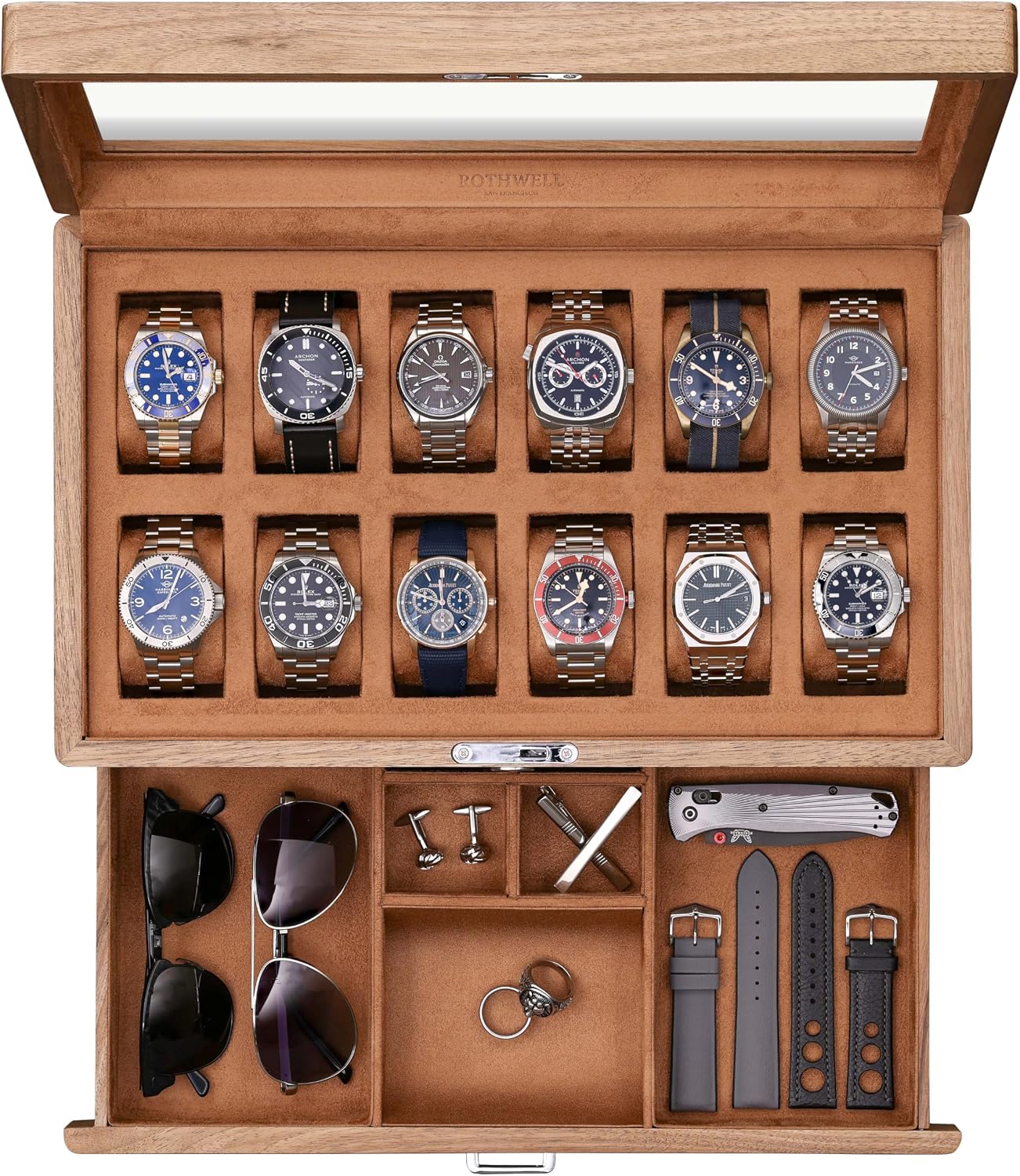Watch Display Case Glass Top 12 Slots - 12-Fach-Uhrenbox aus massivem Walnussholz mit Valet-Schublade