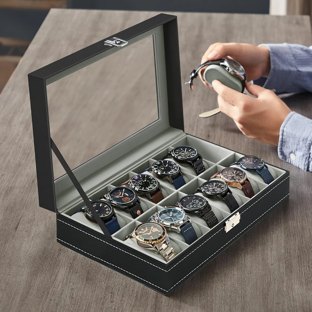 Watch Display Case Glass Top 12 Slots - PU Leder uhr box 2/3/4/5/6/8/10/12 Slots