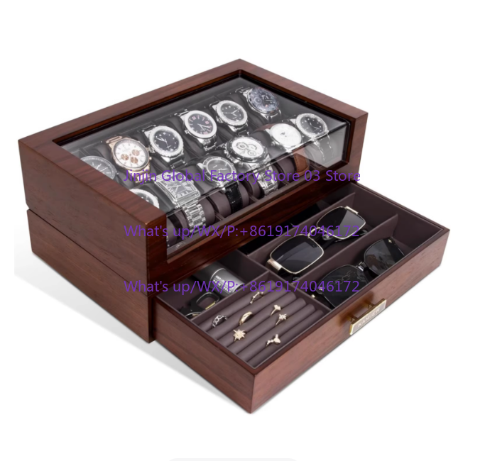 Watch Display Case Glass Top 12 Slots - 12-Fächer Holz-Uhrenbox mit Glasdeckel, 2-Schichtige Luxus-Uhren-Vitrine