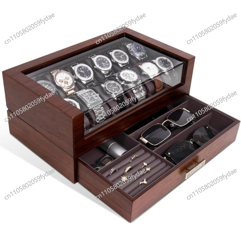 Watch Display Case Glass Top 12 Slots - 12-Fächer Holz-Uhrenbox mit Glasdeckel, 2-stöckige Luxus-Uhrenvitrine