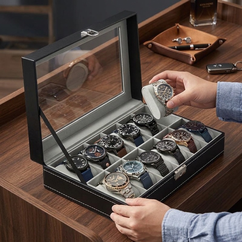 Watch Display Case Glass Top 12 Slots - Uhren-Organizer aus PU-Leder mit 2/3/4/5/6/8/10/12 Fächern,
