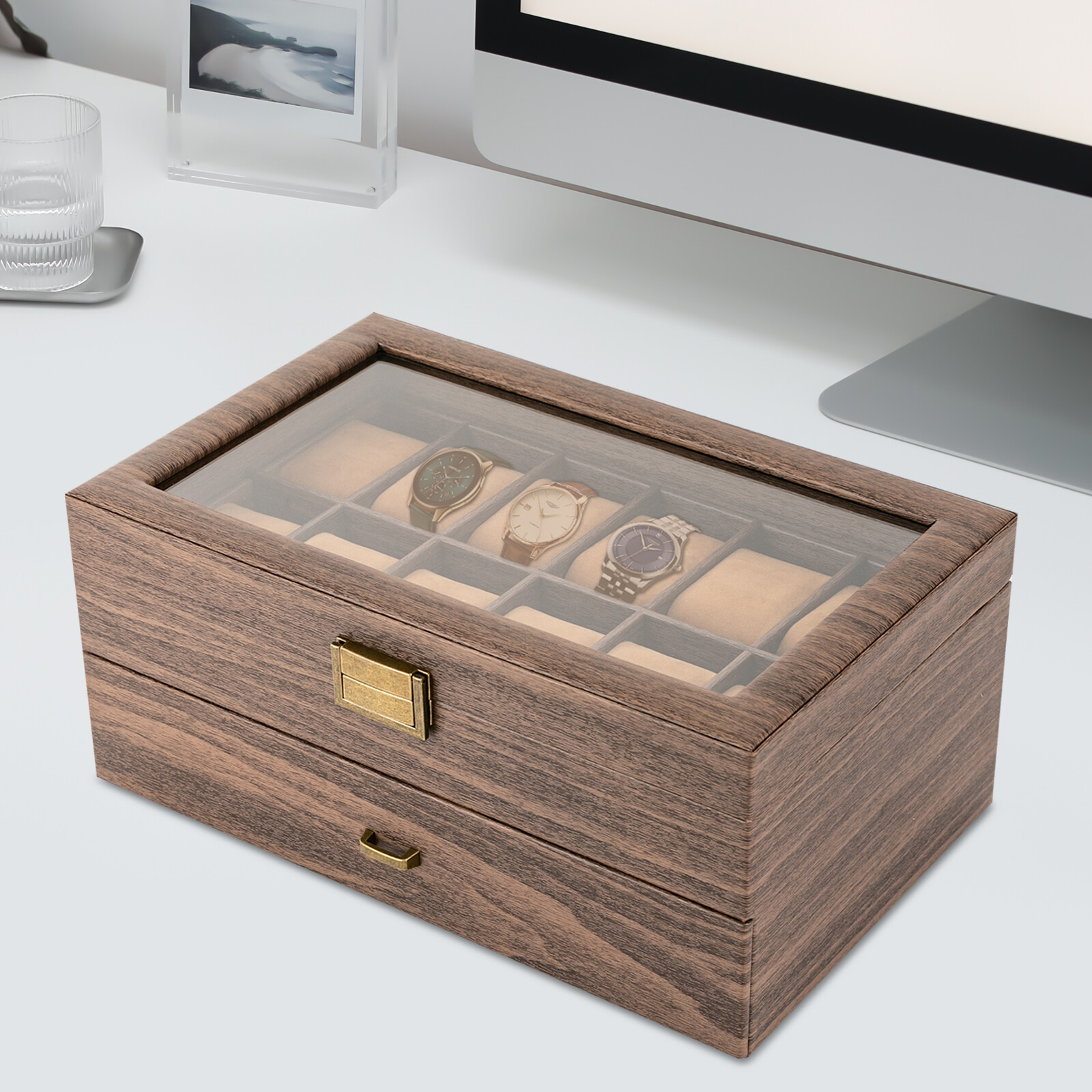 Watch Display Case Glass Top 12 Slots - 24-Fächer Uhrenbox Uhrenkoffer 13,4*8,3*6 Zoll Schmuckhalter