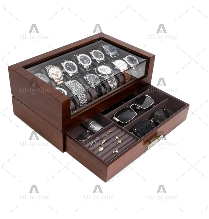 Watch Display Case Glass Top 12 Slots - 12-Fächer Holz-Uhrenbox mit Glasdeckel, 2-Schichtige Luxus-Uhren-Vitrine