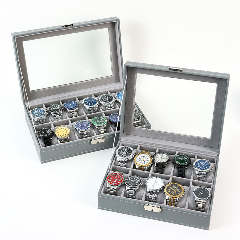 Watch Display Case Glass Top 12 Slots - PU Leder uhr box 2/3/4/5/6/8/10/12 Slots
