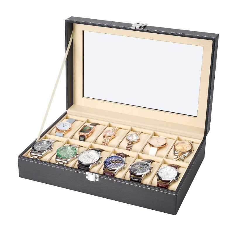 Watch Display Case Glass Top 12 Slots - 12-Fächer-Uhrenbox aus PU-Leder mit Glasdeckel, Schmuck-Organizer,