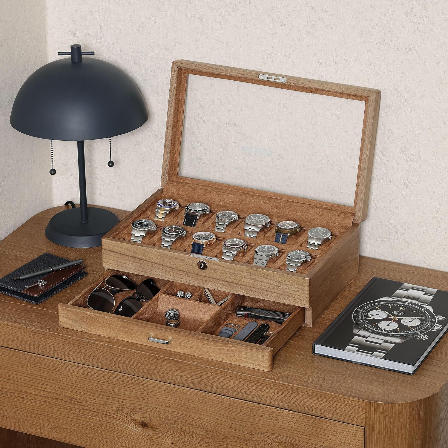 12-Fach-Uhrenbox aus massivem  – Watch Display Case Glass Top 12 Slots Bewertung und Preis