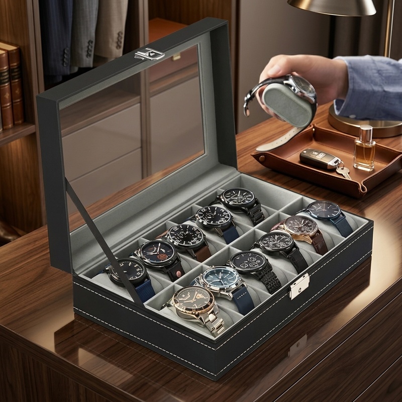 Uhrenbox aus PU-Leder mit 2/3/ – Watch Display Case Glass Top 12 Slots Bewertung und Preis